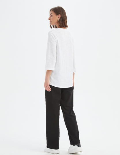 woman wearing white 3/4 sleeve cotton slub t shirt