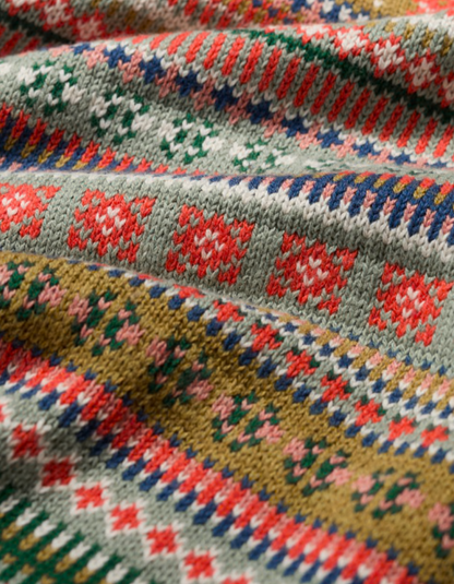 Close-up of a colourful fair Isle woven fabric with geometric patterns
