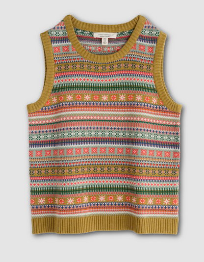 Colorful patterned sleeveless sweater vest on a light gray background