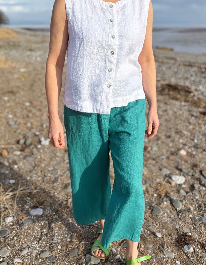 teal linen trousers