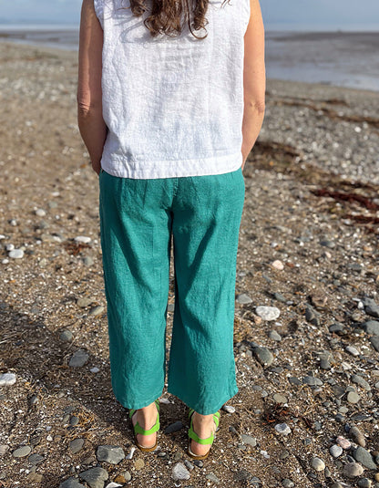 teal linen trousers