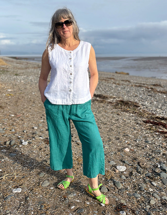 teal linen trousers