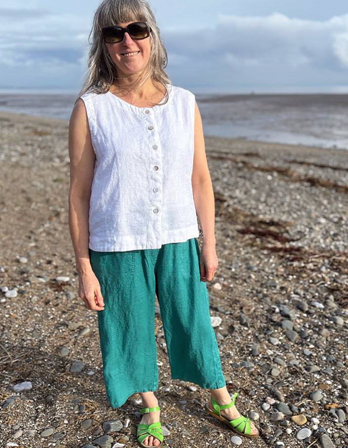 teal linen trousers