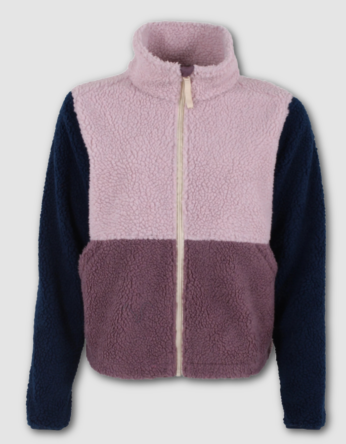 A fleece zip-up jacket with a color-blocked design, featuring a light pink upper section, a darker mauve-purple lower section, and dark navy sleeves, shown against a light gray background.