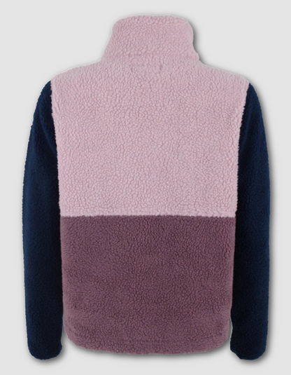A colourblock sherpa fleece jacket shown from the back profile against a light gray background. The jacket features a light pink upper body, a dark navy blue sleeve, and a dusty mauve lower body.