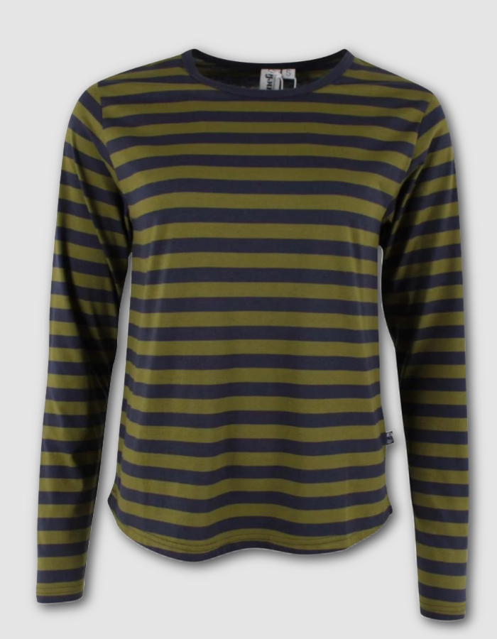 A long-sleeve crewneck shirt with horizontal stripes in olive green and dark navy blue, displayed on a neutral light gray background.