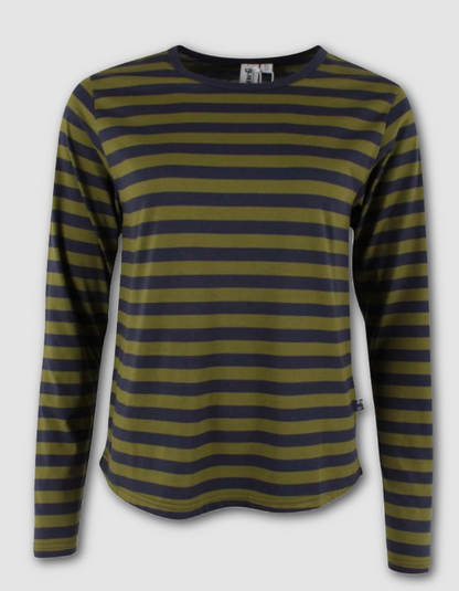 A long-sleeve crewneck shirt with horizontal stripes in olive green and dark navy blue, displayed on a neutral light gray background.