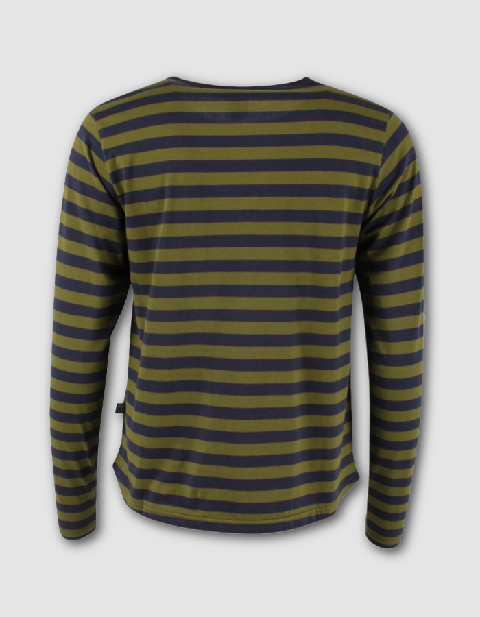 A long-sleeve striped shirt shown from the back, featuring horizontal stripes in olive green and dark navy blue, set against a light gray background.
