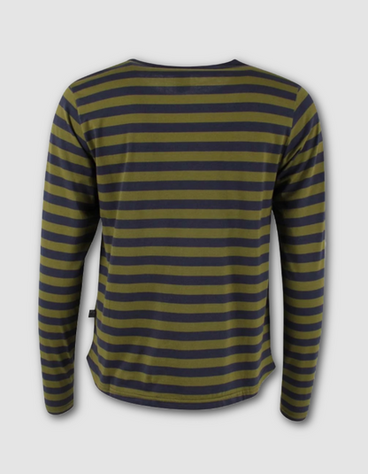 A long-sleeve striped shirt shown from the back, featuring horizontal stripes in olive green and dark navy blue, set against a light gray background.