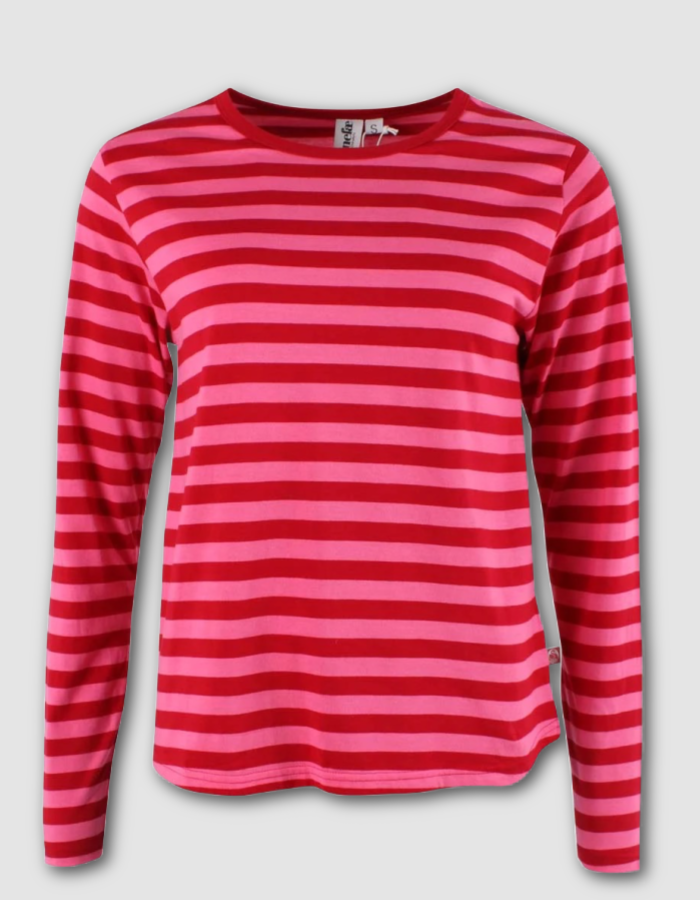 A long-sleeve crewneck top with horizontal stripes in red and pink, displayed against a light gray background.
