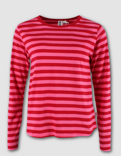 A long-sleeve crewneck top with horizontal stripes in red and pink, displayed against a light gray background.
