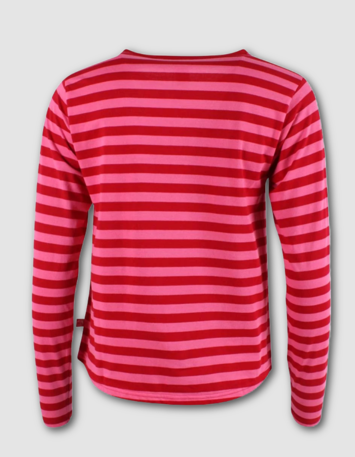 A long-sleeve striped top with horizontal bands of bright pink and red, shown from the back against a light gray background.