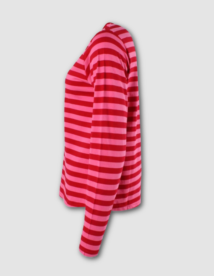 A long-sleeve knit top with horizontal stripes in red and pink, shown from a side profile view against a light gray background.