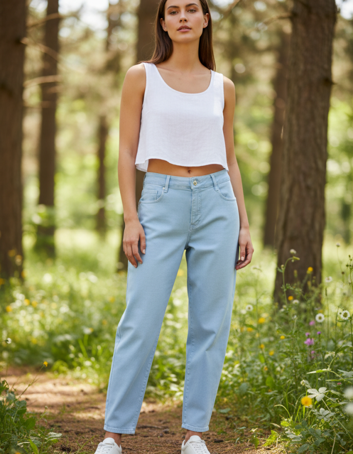 woman wearing powder blue barrel jeans