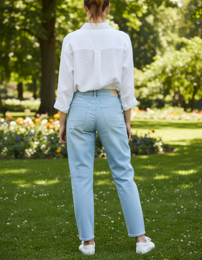 woman wearing powder blue barrel jeans