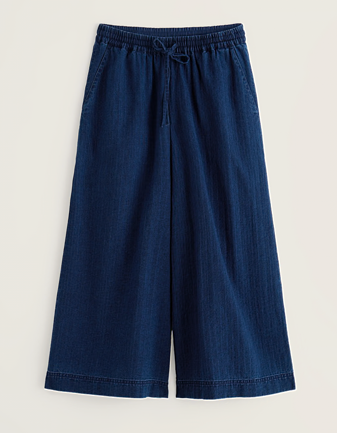 woman wearing wide leg denim culottes