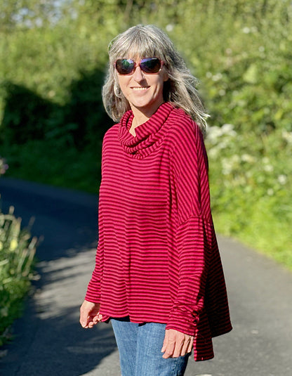 one size loose fit swing top with cowl neck in red on red stripes