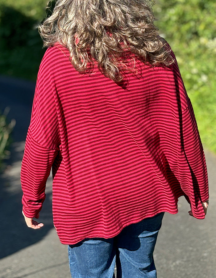 one size loose fit swing top with cowl neck in red on red stripes