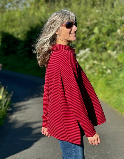 one size loose fit swing top with cowl neck in red on red stripes