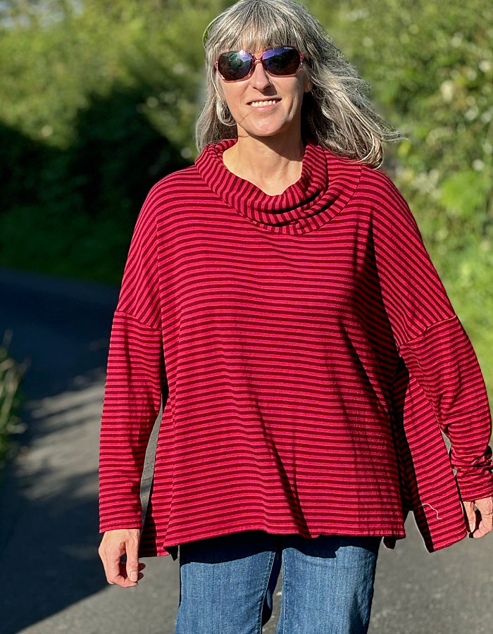 one size loose fit swing top with cowl neck in red on red stripes