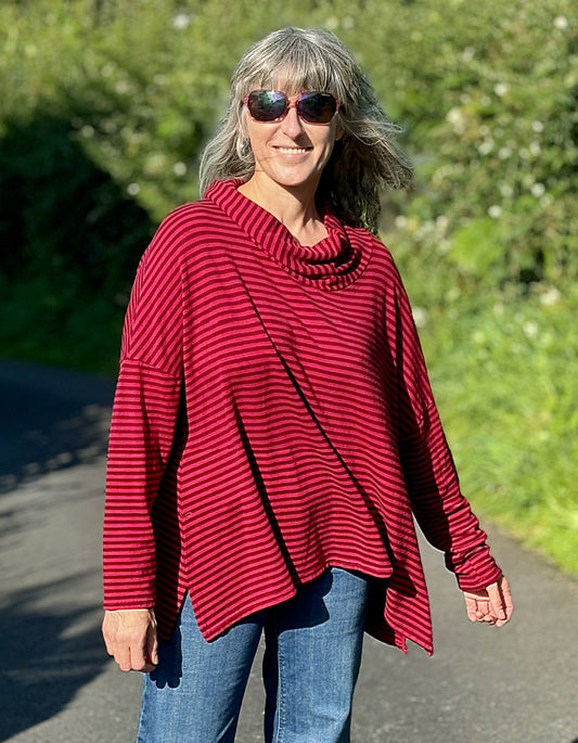 one size loose fit swing top with cowl neck in red on red stripes