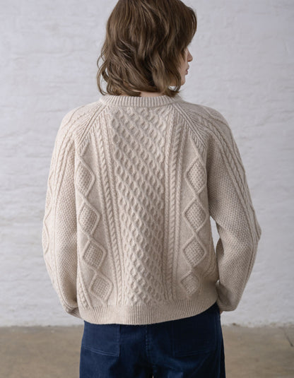 A person shown from the back wearing a cream cable-knit sweater and dark blue jeans, standing against a white textured wall.