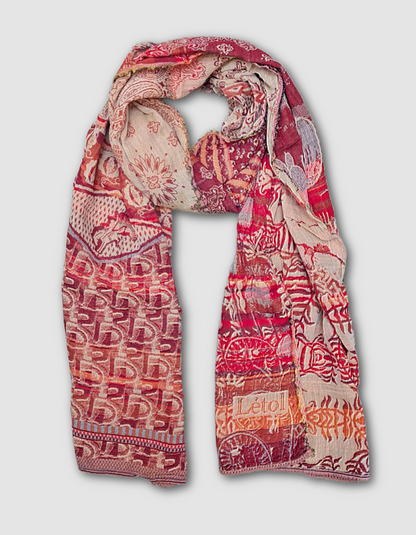 French Jacquard scarf in red and beige with cactus print