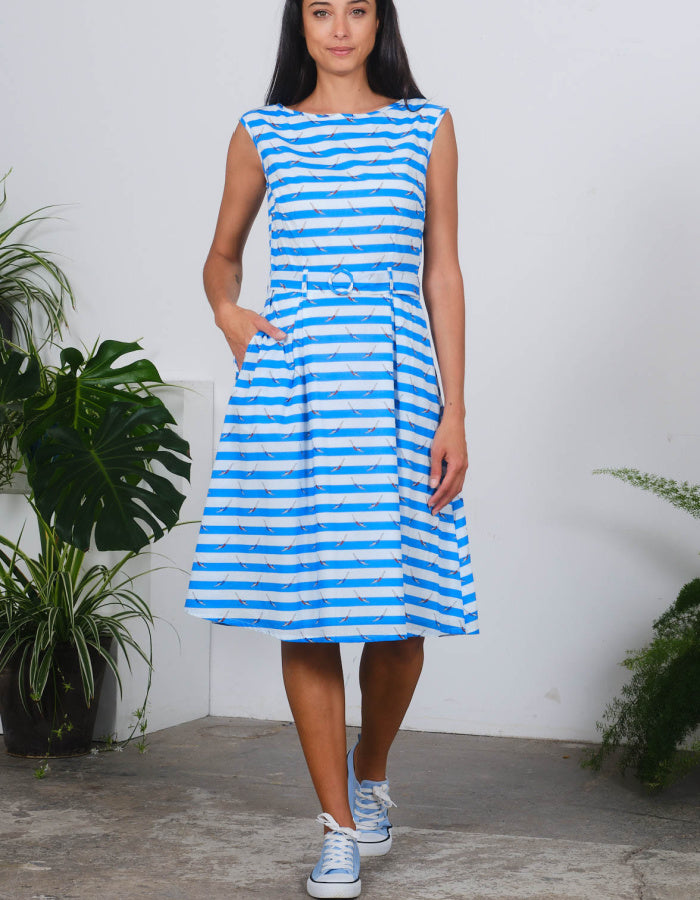 fit and flare sleeveless dress with blue and white striped with swimmers print, includes waist belt and pockets