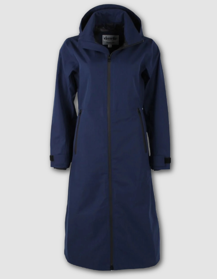 A navy blue hooded mid-length coat with a full front zipper and zippered side pockets, shown on a light gray background.