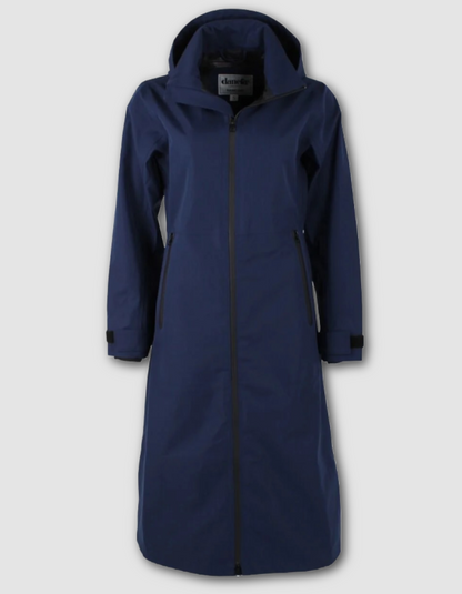 A navy blue hooded mid-length coat with a full front zipper and zippered side pockets, shown on a light gray background.