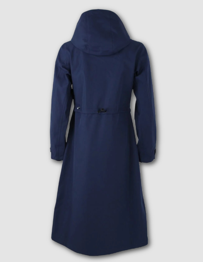 A navy blue hooded coat shown from the back, featuring a belted waist and long sleeves, photographed against a light gray background.
