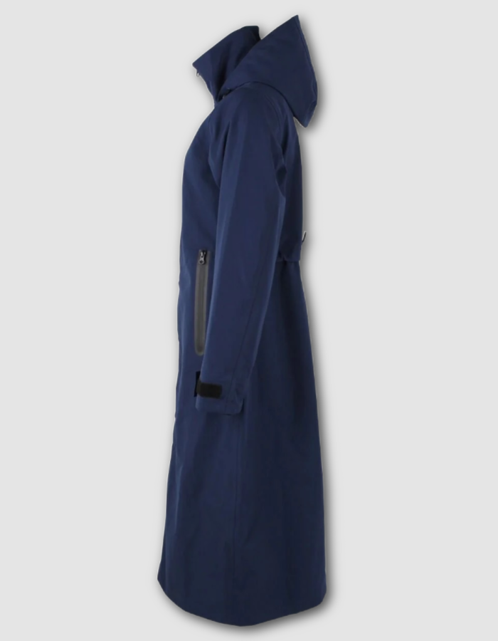 A navy blue hooded raincoat shown from the side profile against a light gray background.