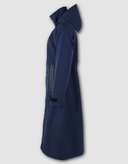 A navy blue hooded raincoat shown from the side profile against a light gray background.