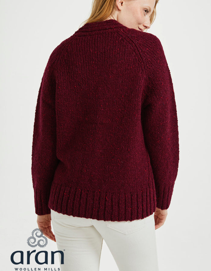 Aran Mills Donegal Tweed Cardigan with Side Pockets in Burgundy