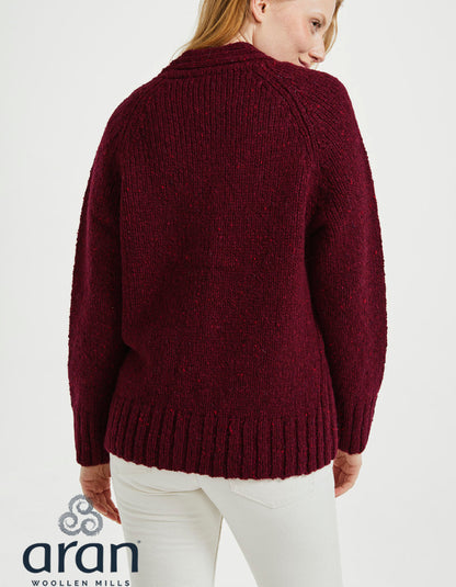 Aran Mills Donegal Tweed Cardigan with Side Pockets in Burgundy