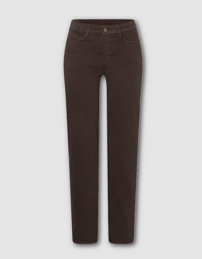 A pair of dark brown slim-fit jeans shown flat against a light gray background.