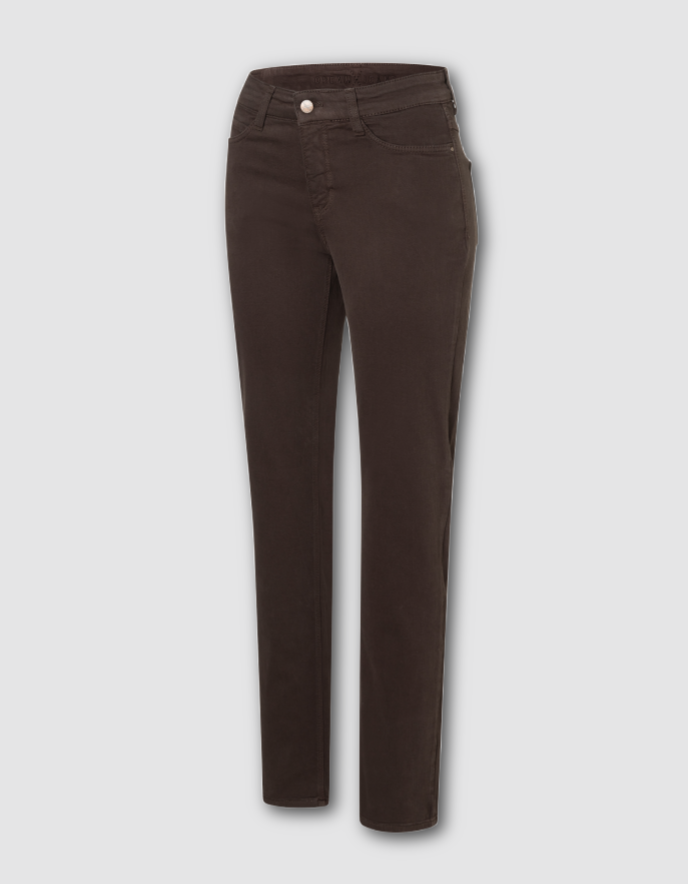 A pair of dark brown slim-fit jeans shown flat against a light gray background.