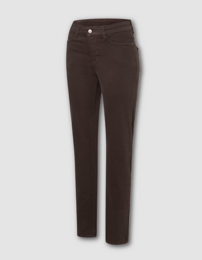 A pair of dark brown slim-fit jeans shown flat against a light gray background.