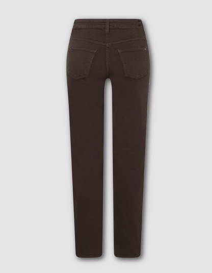 A pair of dark brown straight-leg jeans shown from the back, featuring classic five-pocket styling and a button closure, displayed against a neutral light gray background.