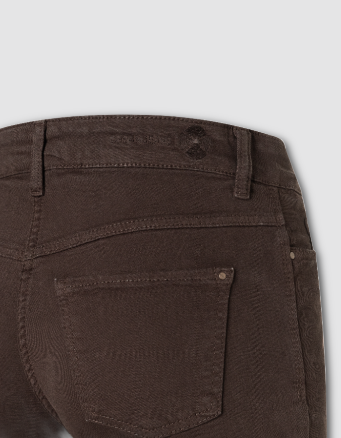 Close-up of the back waistband and pocket area of dark brown denim jeans, showing stitching, belt loops, and a button closure against a light gray background.