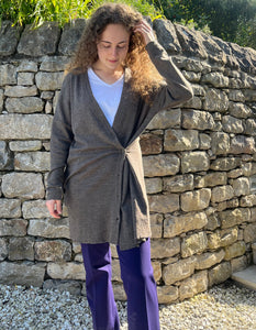 long v neck cardigan made from super fine merino with side wrap feature