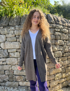 long v neck cardigan made from super fine merino with side wrap feature