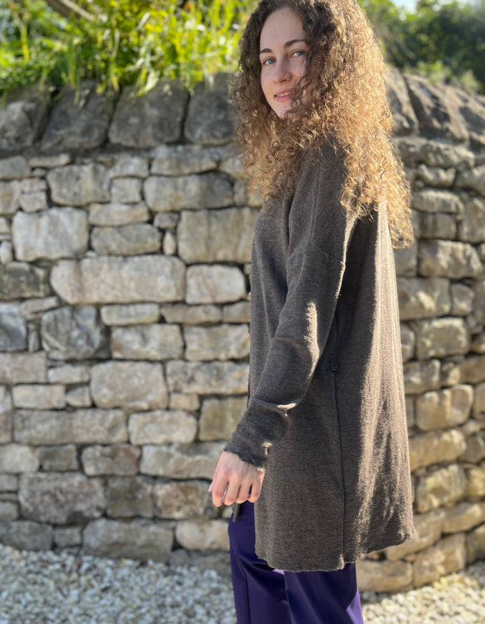long v neck cardigan made from super fine merino with side wrap feature