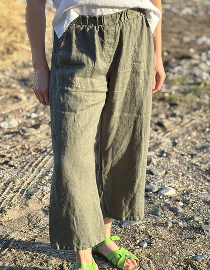 linen cropped trousers, elasticated was it in khaki