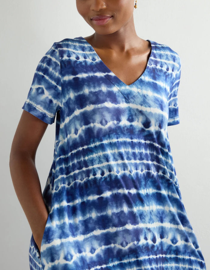 blue and white tie dye jersey bubble dress with midi length and V neckline