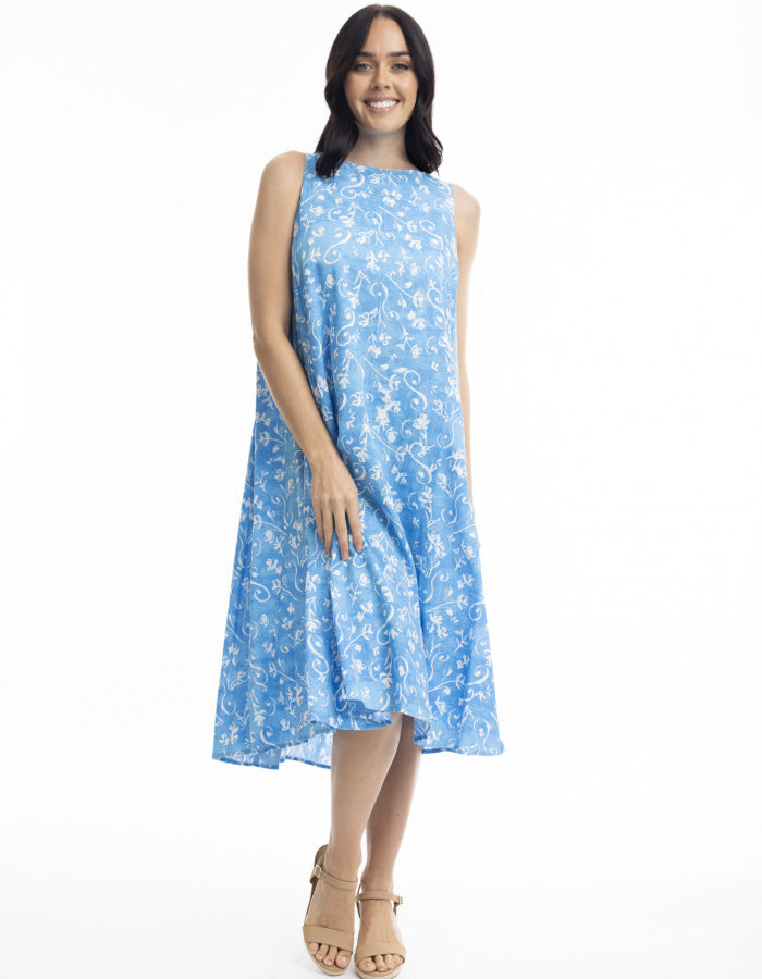 sleeveless midi length blue and white swing dress inspired by greek island colours