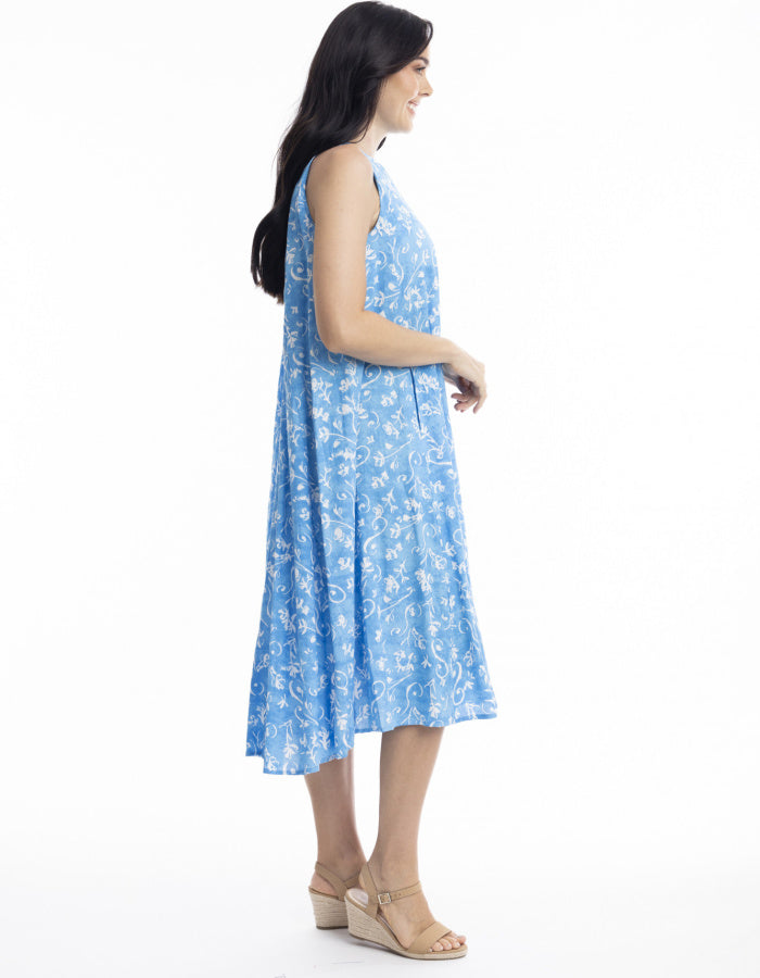 sleeveless midi length blue and white swing dress inspired by greek island colours