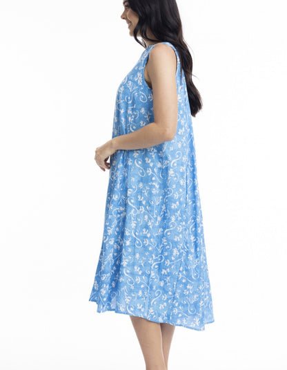 sleeveless midi length blue and white swing dress inspired by greek island colours