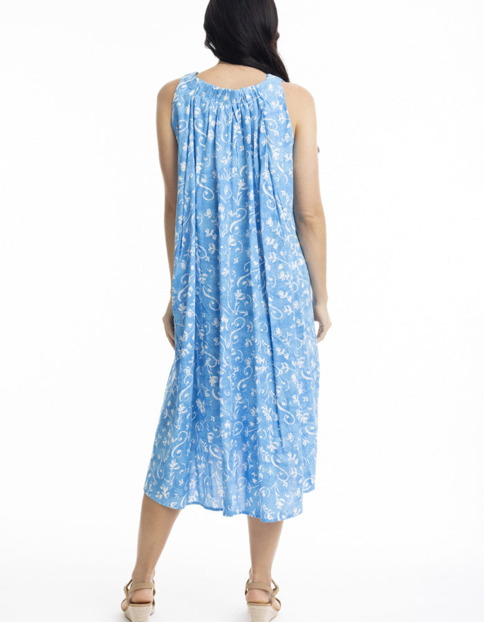 sleeveless midi length blue and white swing dress inspired by greek island colours