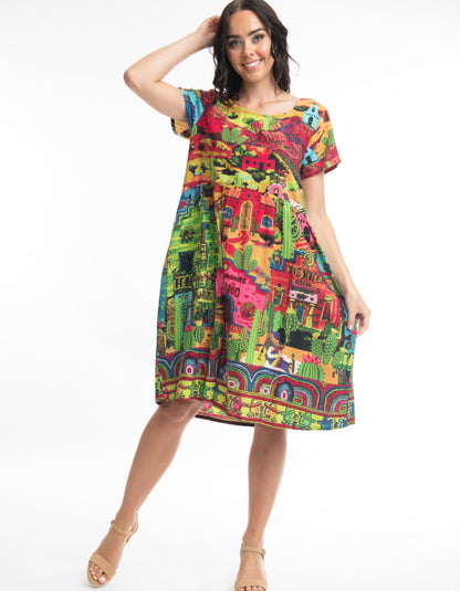 loose fit oversized dress with short sleeves with colourful El Paso print